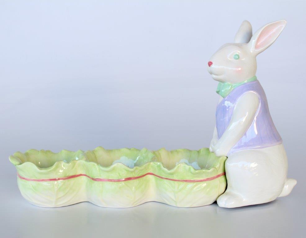 3 Green & White Cabbage Bowls With Rabbit